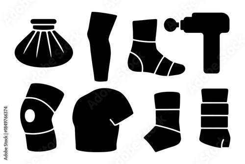 Silhouettes of sports injury recovery gear: supports, braces, and massage device.
