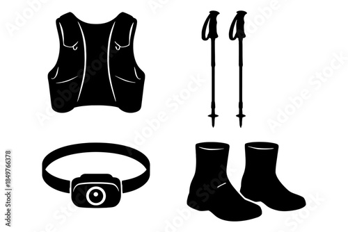 Silhouette of hiking gear: vest, poles, headlamp, boots on white background.