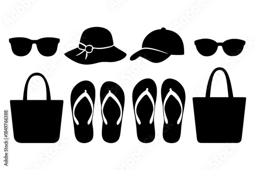 Silhouette of summer accessories: hats, sunglasses, flip-flops, and tote bags.