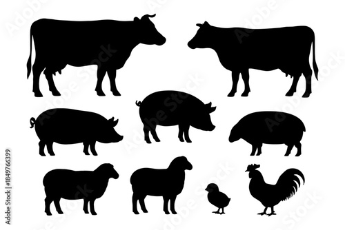 Silhouettes of farm animals: cow, pig, sheep, rooster, chick on white background.