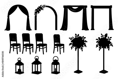 Silhouette wedding decorations: arches, chairs, lanterns, flower arrangements.