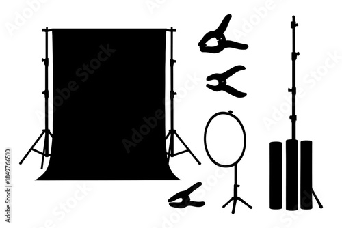 Studio equipment silhouettes with backdrop clamps and light stands.