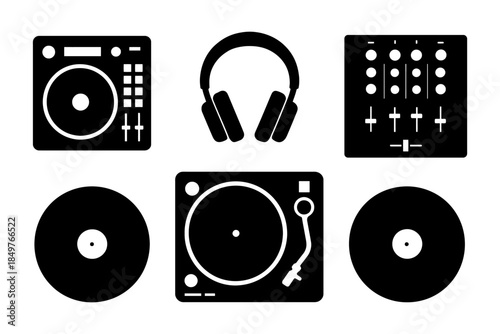 Black silhouette of dj equipment: turntables, mixer, headphones, and vinyl records.