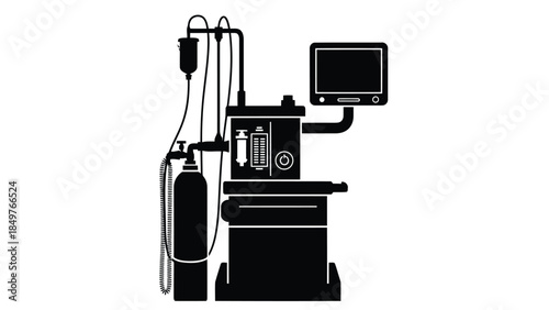 Black silhouette of an anesthesia machine with monitor and oxygen tank on a isolated on white background