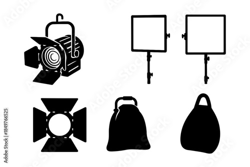 Set of film and stage lighting equipment icons in black silhouette.