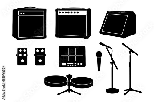 Silhouette collection of music equipment: amplifiers, pedals, microphones, and stands.