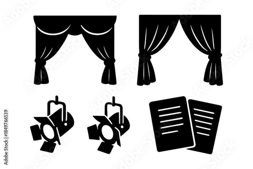 Black theater icons: curtains, spotlights, scripts for performing arts.