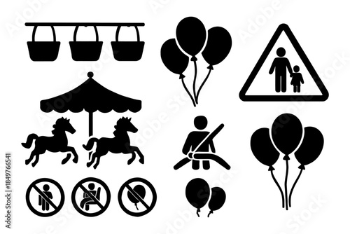 Amusement park icon set: carousel, balloons, safety signs, no entry symbols.