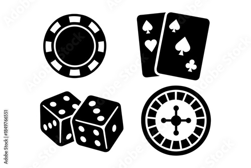 Casino symbols: poker chips, playing cards, dice, roulette wheel.
