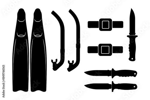 Silhouetted diving gear: fins, snorkels, knives, belts.