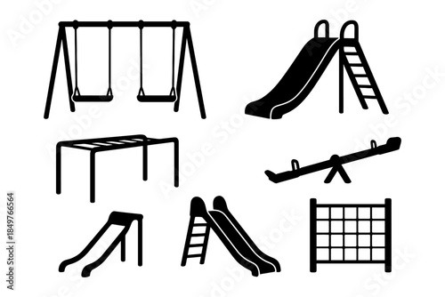 Monochrome playground equipment icons: swings, slides, see-saw, monkey bars, climbing net.