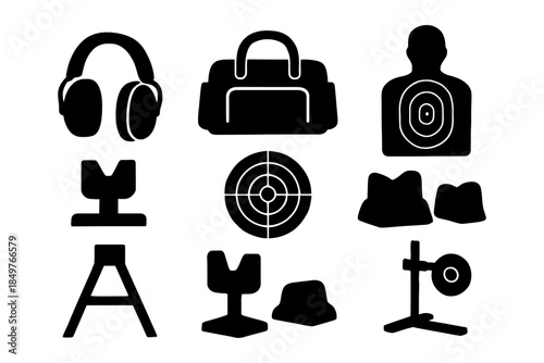 Silhouette icons of shooting range equipment and accessories.