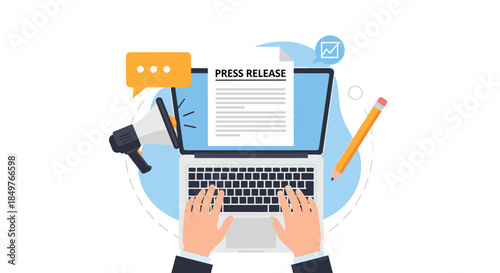 Content creator writing a press release on a laptop, with a megaphone and speech bubble symbolizing public relations and media.