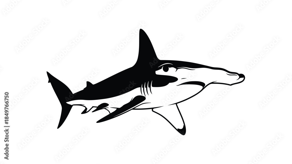 Fototapeta premium Black silhouette of a shark swimming isolated on white background