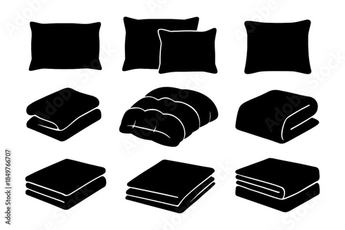Black silhouette icons of pillows, blankets, and comforters.