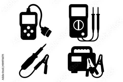 Silhouette collection of automotive tools for diagnostics and battery maintenance.