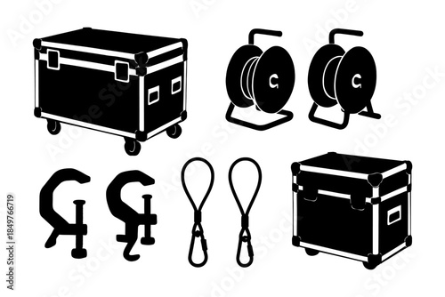 Black silhouette set of equipment cases, cable reels, clamps, and wire rope loops.
