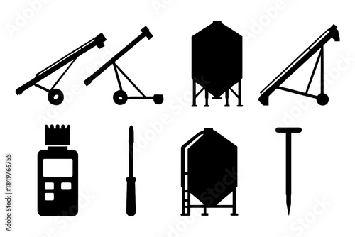 Silhouettes of agricultural tools and equipment icons set.