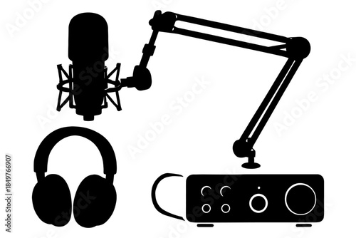 Silhouette of podcast equipment: microphone, headphones, and audio interface setup.