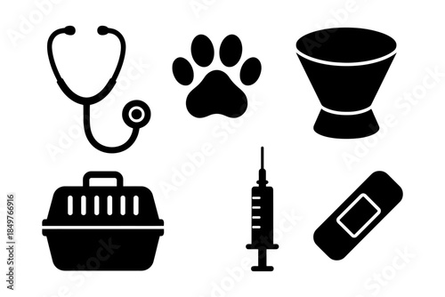 Veterinary icons: stethoscope, paw print, cone, pet carrier, syringe, bandage.