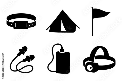 Camping gear icons: tent, flag, headlamp, earplugs, belt, power bank.