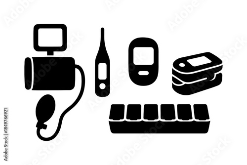 Medical devices silhouette: blood pressure monitor, thermometer, glucometer, pulse oximeter, pill organizer.