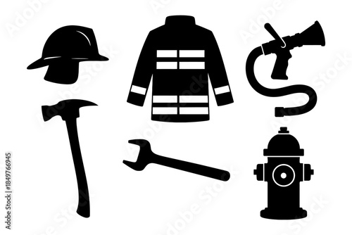 Firefighter equipment icons: helmet, jacket, axe, hose, wrench, hydrant.