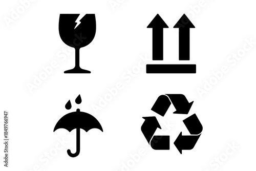 Fragile glass, up arrows, umbrella drops, recycling icons set.
