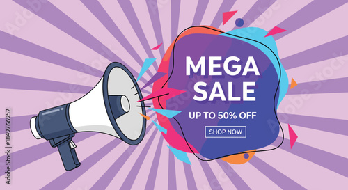 Retro-style mega sale banner with a megaphone announcing a 50 percent discount on a background of radiating purple stripes.