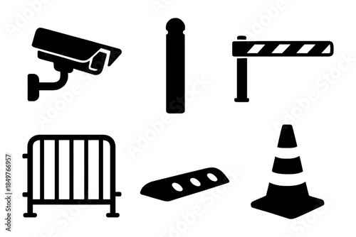 Security and safety icons: cctv, barrier, cone, bollard, wheel stop, fence.
