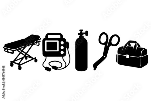 Silhouette of emergency medical equipment icons: stretcher, defibrillator, oxygen tank, scissors, medical bag.