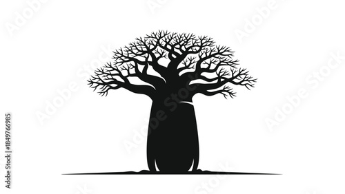 Minimalist black silhouette of a baobab tree isolated on white background