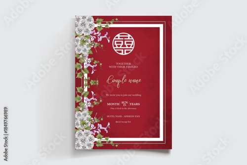 WEDDING INVITATION FRAME WITH FLOWER DECORATIONS AND FRESH LEAVES