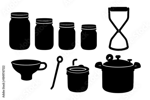 Silhouette of canning jars and equipment including pressure cooker and funnel.