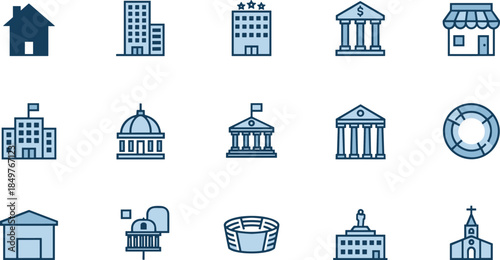 Architecture and city building icon set featuring residential, commercial, government, bank, landmark structures for urban planning, real estate, civic infrastructure design