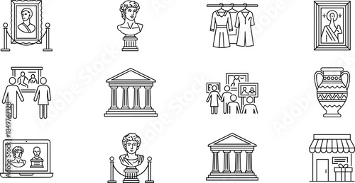 Art museum and cultural exhibition icon set featuring sculptures paintings fashion galleries, minimalist outline illustration for education tourism heritage and creative industries