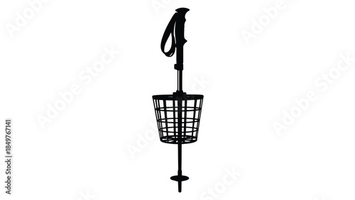 Black silhouette of a disc golf basket with a handle on a isolated on white background