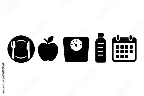 Healthy lifestyle symbols: diet, exercise, hydration, nutritional planning.