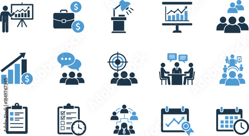 Business analytics and management line icons set, teamwork, presentation, financial growth, strategy planning, meetings, targets, reporting symbols for web design