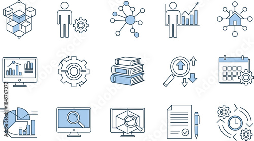 Business analytics and management icons set, data analysis, teamwork, strategy planning, workflow optimization, reporting, research, corporate growth, flat line vector illustration