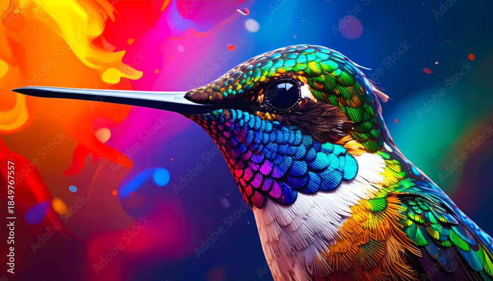 Fototapeta premium Close-up image of a hummingbird with its beautiful colors. Macro photography.