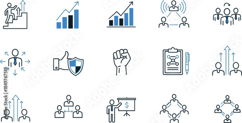 Business growth and leadership line icons set, teamwork, strategy, performance improvement, analytics, communication, success management symbols for web and app design