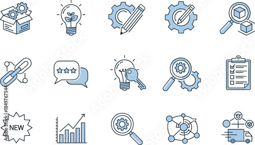 Business innovation and product development line icons set, idea creation, research, planning, analysis, feedback, growth, logistics symbols for web design