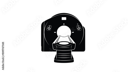 Black silhouette of a CT scanner machine in a minimalist flat design style isolated on white background