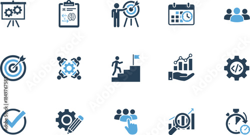 Business management and analytics icon set collection, strategy, goals, planning, teamwork and performance symbols, modern flat vector illustration for web, app and infographic design