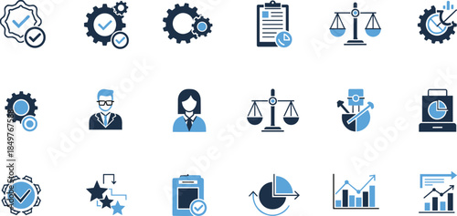 Business management and quality assurance icon set with analytics compliance workflow approval symbols, modern flat design illustration for corporate strategy, performance and operations