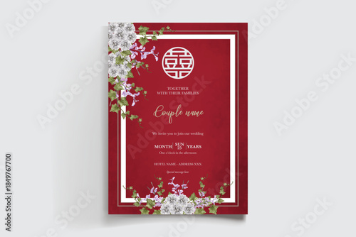 WEDDING INVITATION FRAME WITH FLOWER DECORATIONS AND FRESH LEAVES