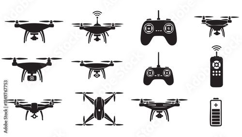 Collection of Black Drone and Controller Icons for Technology and Innovation