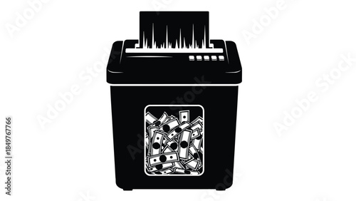 Black silhouette of a paper shredder with visible shredded paper isolated on white background