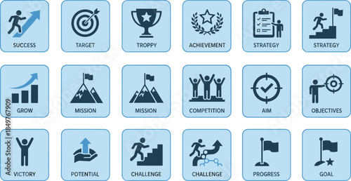 Business success and goal achievement icon set collection, target, trophy, strategy, mission and progress symbols, modern flat vector illustration for web, app and infographic design